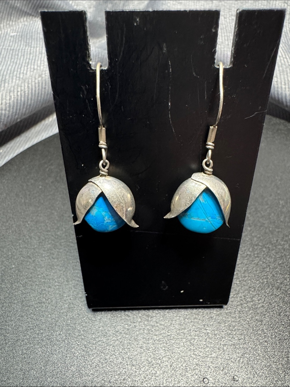 VTG Turquoise Bead Drop Earrings with Silver Leaf Accents